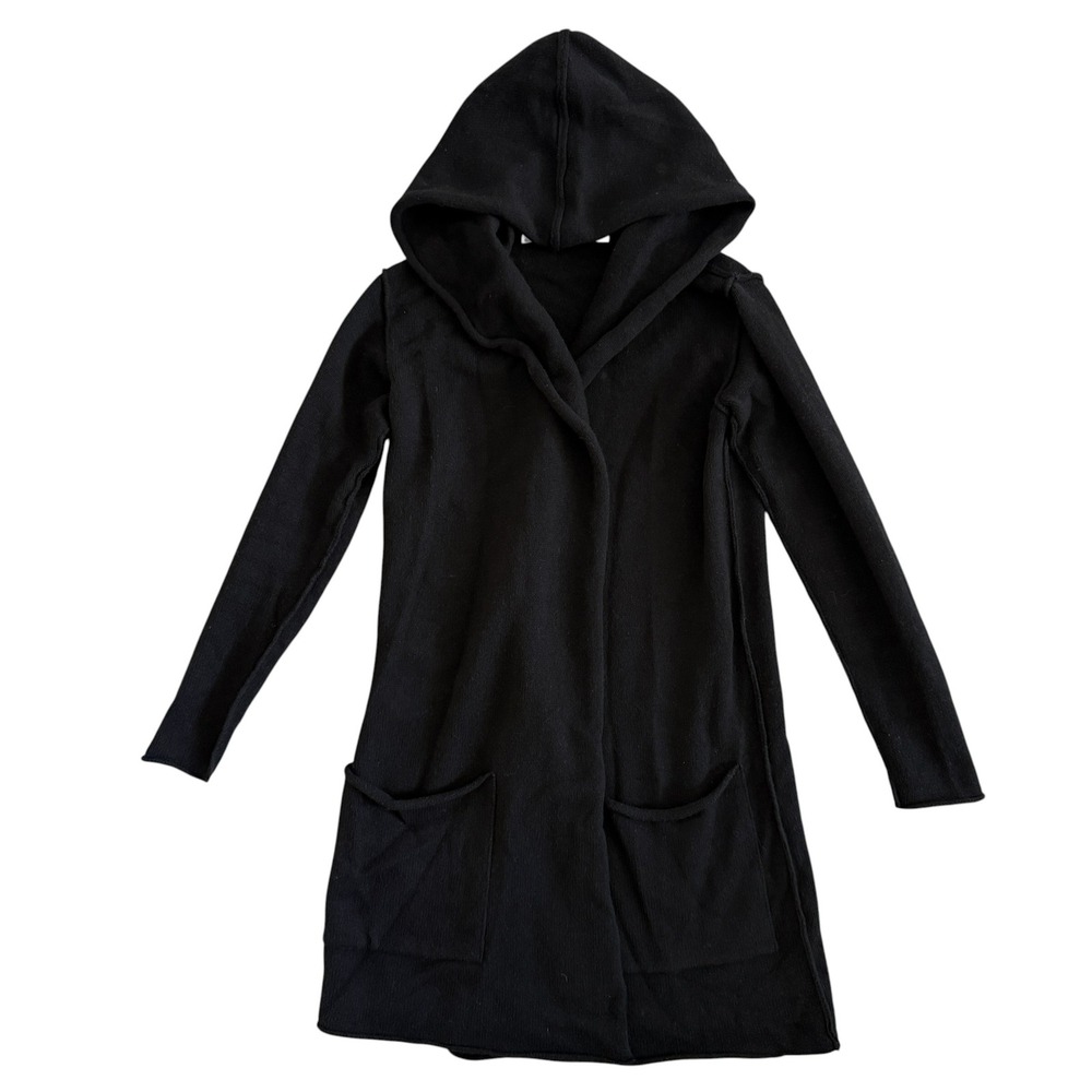 Krista Elsta 100% Cashmere Hooded Duster Cardigan Black XS Open Front Pockets